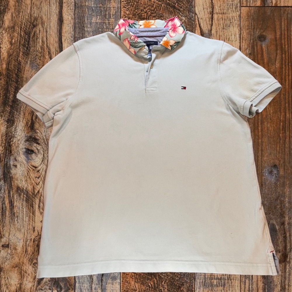 Tommy Hilfiger Mens Custom Fit Polo Shirt Light Blue Floral Collar Tropical M